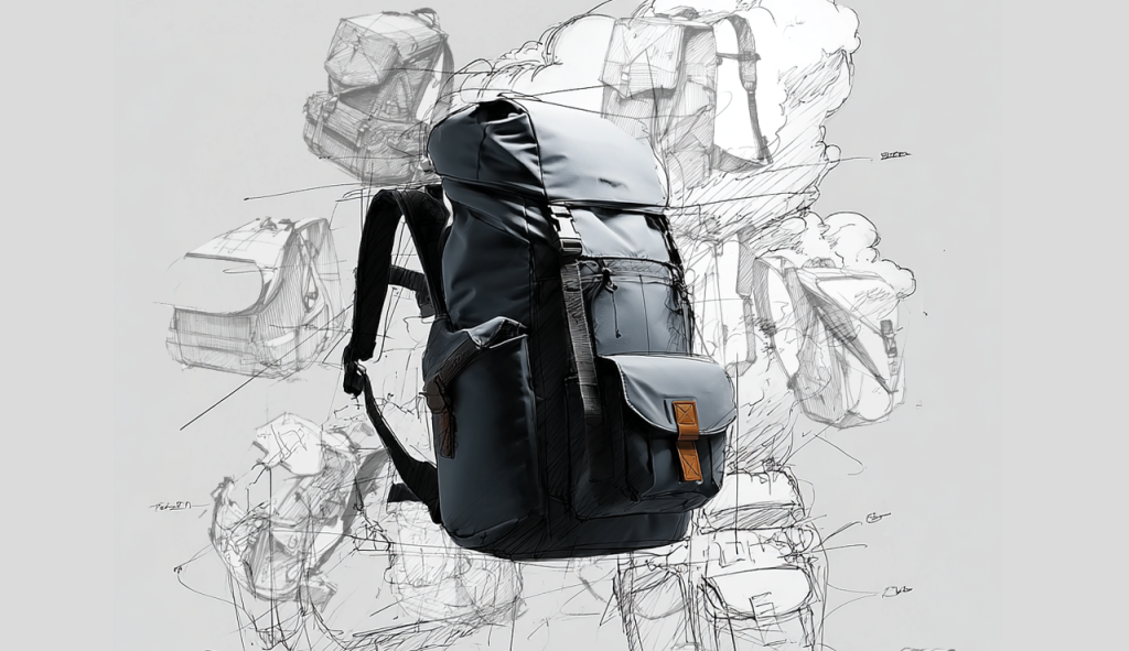 BACKPACK FLOATING IN CLOUD OF BACKPACK SKETCHES