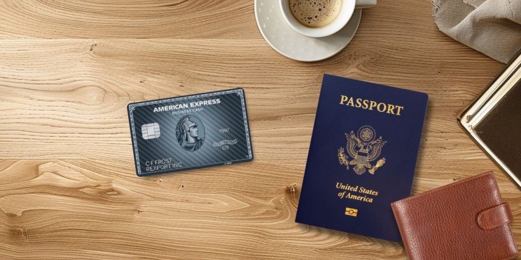 Amex Graphite Business Cash Unlimited Card with cup of coffee and passport on woodgrain table